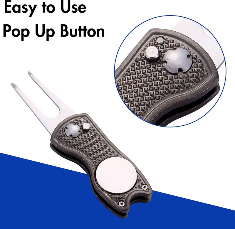 Fpxnb 2 Pack Metal Foldable Golf Divot Tool with Pop-up Button & Magnetic Ball Marker (Pack of 2, Fish Design) - Image 4